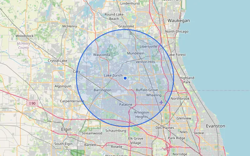 Map showing Lemon Maids 10-mile service area covering Arlington Heights, Palatine, Lake Zurich, Buffalo Grove, Wheeling, Vernon Hills, Barrington and surrounding NW Chicago suburbs